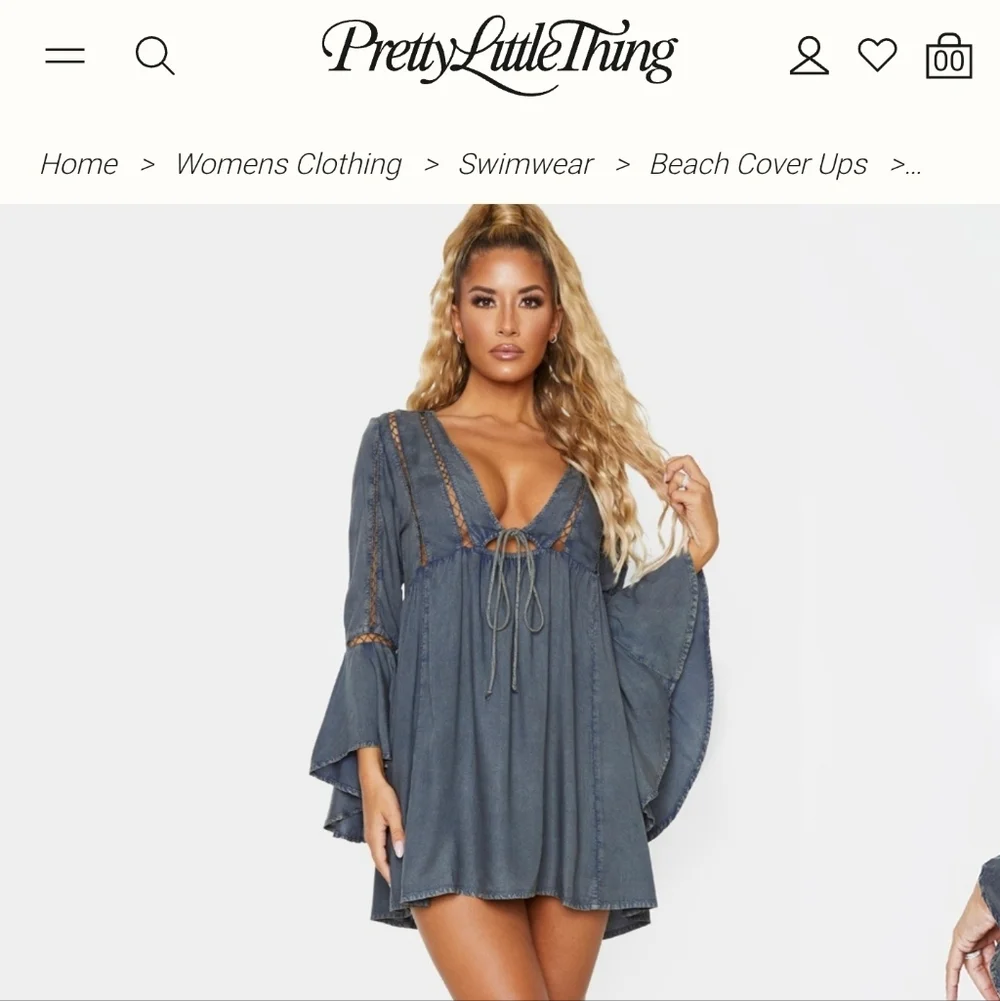 PrettyLittleThing Tunic Top Washed Gray Tie Front Frill Sleeve Beach Size 6 - Picture 6 of 10